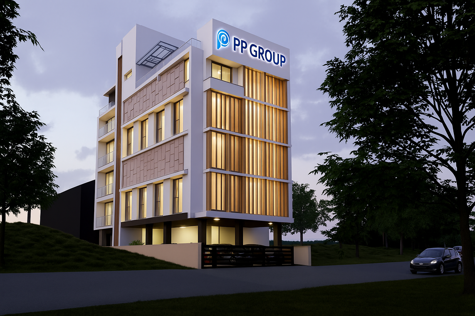 PP Group Corporate Headquarters - Modern office building with PP Group branding